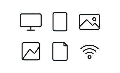 simple outline stroke icon isolated on white background: display screen frame image icon chart lines page box signal mark