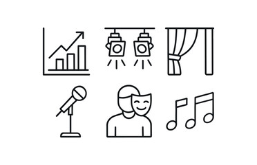 simple outline stroke icon isolated on white background: performance stage lights curtain fold microphone stand actor figure music notes