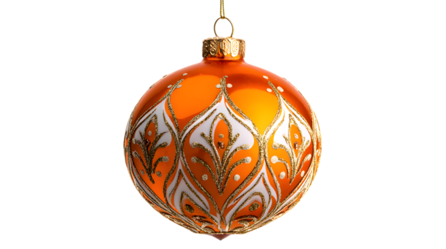 Orange Christmas Ornament with White and Gold Pattern isolated on a transparent background