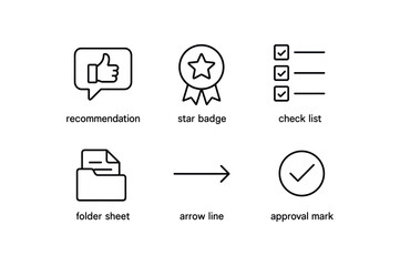 simple outline stroke icon isolated on white background: recommendation badge check list folder sheet arrow line approval mark