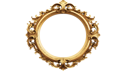 Ornate golden oval mirror frame isolated on a transparent background