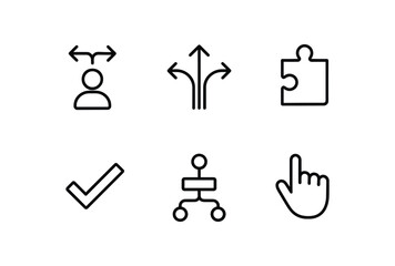 Fototapeta premium simple outline stroke icon isolated on white background: choice branching arrows puzzle piece tick mark decision path hand icon