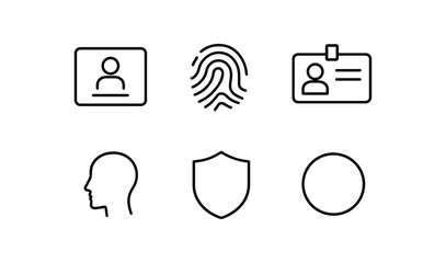 simple outline stroke icon isolated on white background: identity fingerprint mark ID card profile face shield icon circle ring