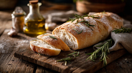 Sliced bread loaf with rosemary sprigs on a wooden board next to olive oil bottles on a wooden table
