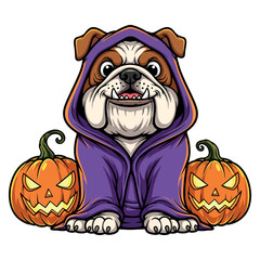 Cute Bulldog Wearing Purple Hooded Cloak With Halloween Pumpkins Cartoon Illustration