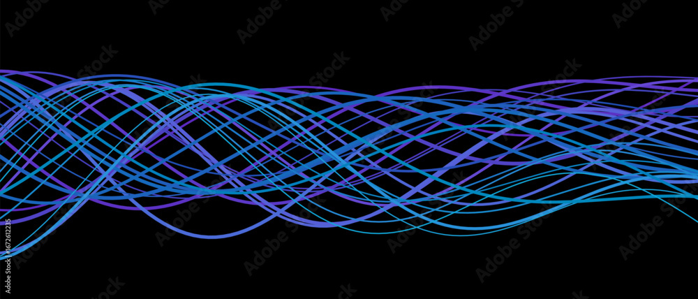 Poster dynamic vector tech background with vibrant multicolored curved lines on black.