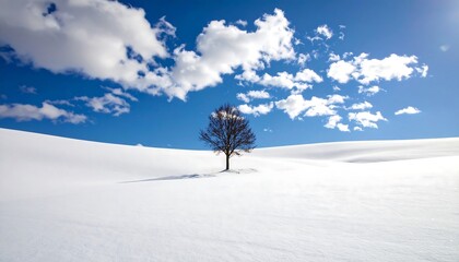 A solitary tree stands sentinel on a pristine, snow-covered landscape under a vibrant blue sky dotted with fluffy clouds.