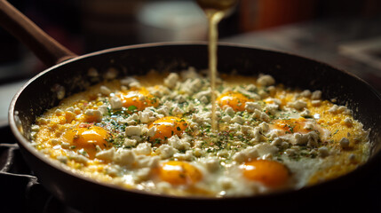 Cooking eggs with feta cheese and herbs in a pan while pouring oil over the dish on the stove top