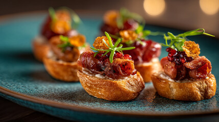 Close up of gourmet appetizers on a blue plate with meat and fruit toppings for a fancy occasion