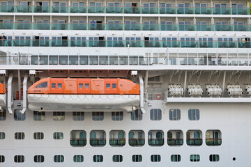 Cadiz, Spain, September 12 2024 Large Cruise Ship With Visible Lifeboats and Passenger Balconies