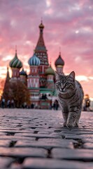 Obraz premium Grey tabby cat strolling in front of St. Basil's Cathedral at sunset