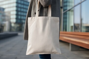 Closeup of a fabric tote bag held outdoors on a city street