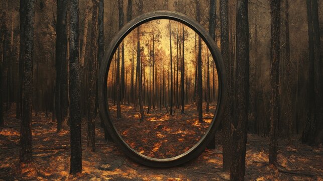 Oval mirror capturing the reflection of a charred forest landscape after a devastating fire