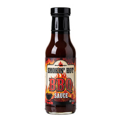 A bottle of Smokin' Hot BBQ sauce with a black label and fiery design. The bottle is clear, showcasing the dark sauce inside against a transparent background.