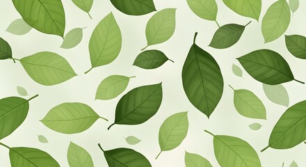 A seamless pattern of fresh green leaves scattered across a light, neutral background, creating a simple and elegant botanical design