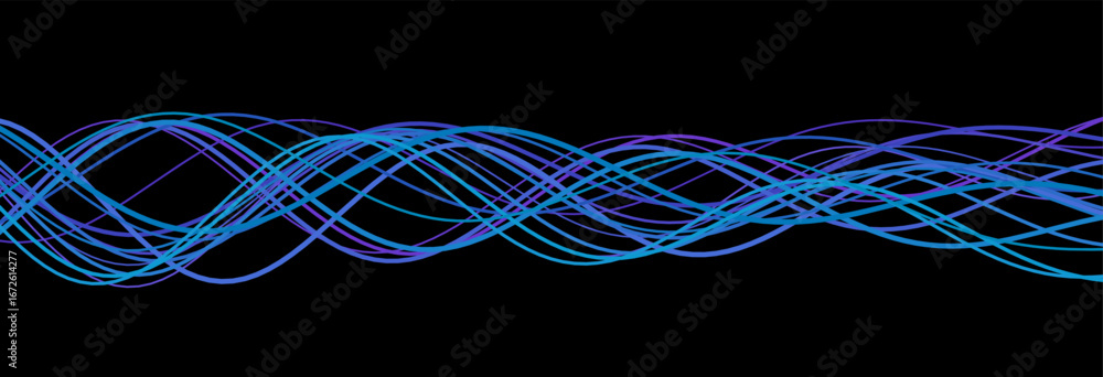 Poster vibrant multicolored waveforms on black vector tech background.