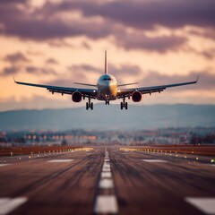 Fototapeta premium An airplane descends towards the runway during a scenic sunset. The plane's wings are extended, and the landing gear is down as it approaches the tarmac.