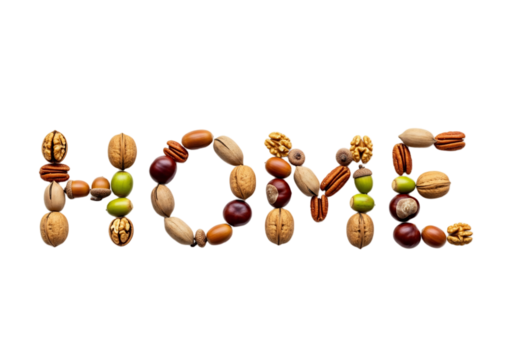 The word 'HOME' is creatively formed using various nuts and seeds on a transparent background. The arrangement showcases a variety of textures and colors. - Powered by Adobe