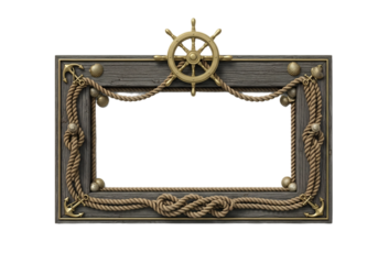 A decorative frame with a ship's wheel, ropes, and nautical elements. The background is transparent, allowing for versatile use in design projects.