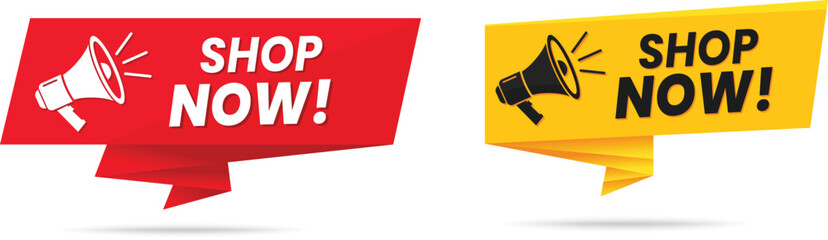 Bright promotional shop now banner design with megaphone icon perfect for online shopping advertising sale offer retail marketing discount deal flyer label poster commerce announcement