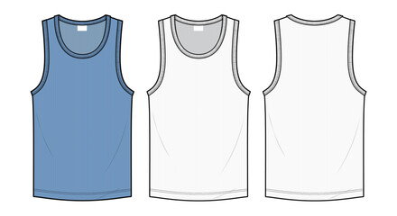 Tank Top technical flat sketch. Slim Fit Top fashion illustration drawing template, crew neck, sleeveless, ribbed, white, women, men, unisex ,CAD template with front and back view.