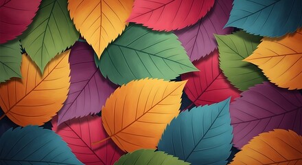 Obraz premium A vibrant and colorful arrangement of fallen autumn leaves in various shades of red, orange, yellow, green, and blue, creating a rich tapestry