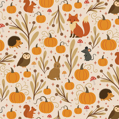 Thanksgiving Autumn Pattern with Pumpkins, Woodland Animals, and Rustic Foliage