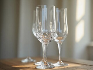 Three elegant crystal glasses stand on a wooden surface, illuminated by sunlight, with a blurred background.