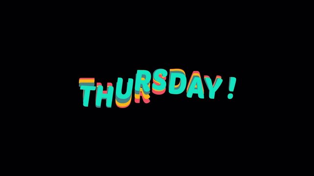 Animated text Thursday with a colorful wave effect. Looping letters up and down. Video element with transparent background, Alpha channel, ProRes 4444. Ideal for overlays and motion graphics.