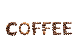 Coffee beans arranged to spell the word 'COFFEE' on a transparent background. The letters are formed using various shades of brown coffee beans.
