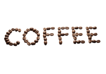 Coffee spelled out with roasted coffee beans on a transparent background. The beans are arranged in a clear, legible font, emphasizing the word 'COFFEE'.