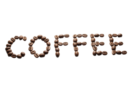 Coffee spelled out with roasted coffee beans on a transparent background. The beans are arranged in a clear, legible font, emphasizing the word 'COFFEE'.