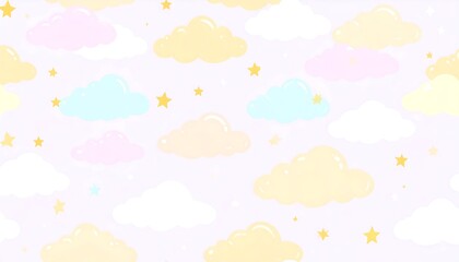 Dreamy pastel skies with fluffy clouds and twinkling stars creating a whimsical atmosphere