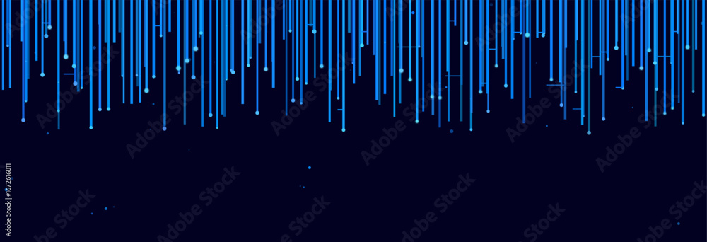 Poster futuristic blue vector tech background with vertical lines and glowing dots.