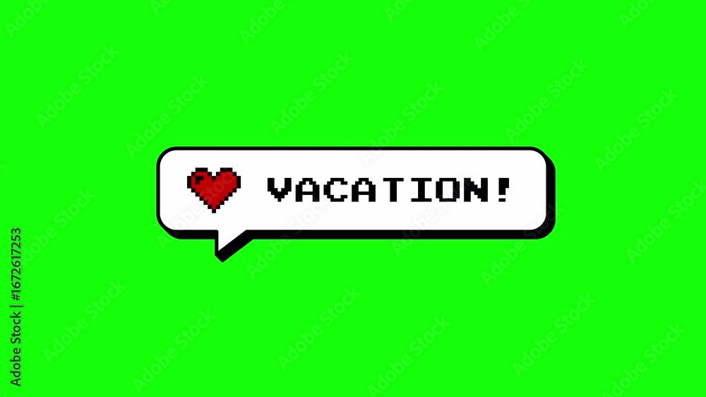 Fototapete vacation! message in a neubrutalism style comment balloon. 8-bits pixel art animation with a red hea