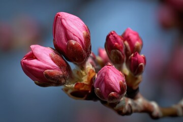 Close up of pink flower buds on branch with soft focus background