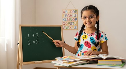 Young diligent student with glasses confidently pointing at a blackboard with a stick while learning lessons in a bright classroom with books and alphabet chart
