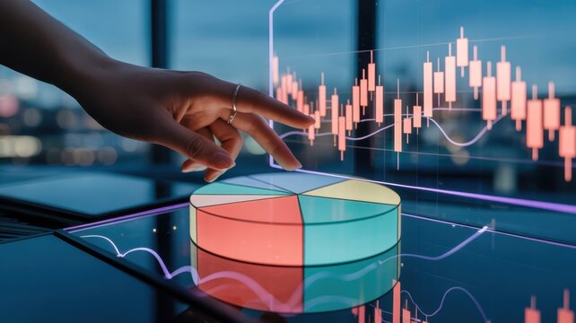 A finger touching a digital pie chart on a screen, representing business data and market analysis