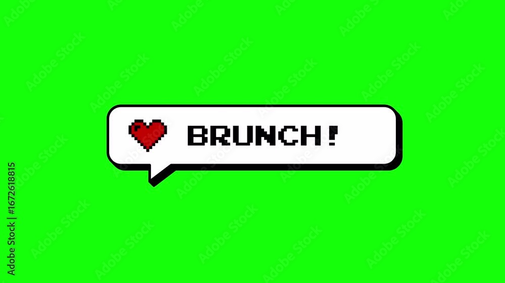 Poster brunch! text in 8-bits pixel art style. neubrutalism comment balloon with a heart icon. animation ov