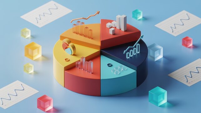 Pie chart with bar graph showing business data analysis and financial statistics on blue background