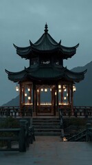 Obraz premium Dark Pagoda, lit lanterns