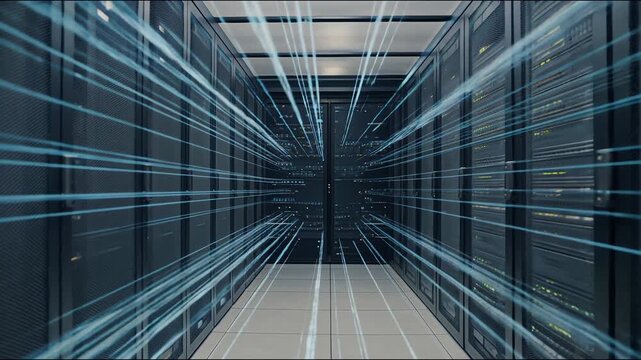 Digital Pathways: An impressive perspective of a data center's server racks, interconnected by glowing blue lines, a testament to the dynamic flow of data, innovation.