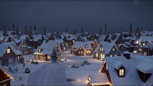Winter Village Serenity: A tranquil winter scene unfolds, revealing a snow-covered village nestled amongst snow-laden pine trees.