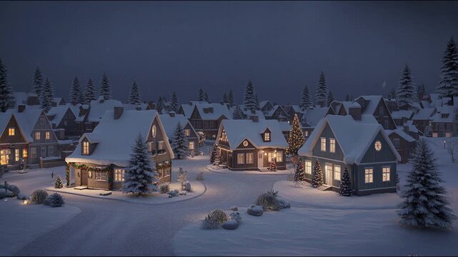 Winter Village at Night: A picturesque village nestled under a blanket of snow at dusk, illuminated by the warm glow of lights, evoking a sense of cozy charm and holiday cheer. 