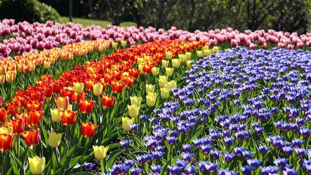 Spectacular horticultural terrain with tulips exhibiting multitude of vibrant chromatic spectrum hues, attractive assemblage of colors during daytime illumination