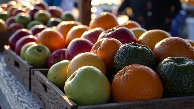 assemblage of freshly harvested citrus fruits including tangerines and oranges alongside apples and other tropical produce presented at agricultural market stall in the morning light