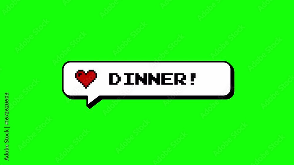 Poster dinner! comment balloon in neubrutalism 8-bits pixel art style. animated speech bubble with heart ic