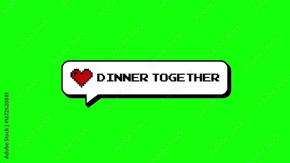 Poster dinner together text in 8-bits pixel art style neubrutalism comment balloon. animated pop-up badge f