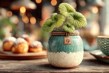 Beautiful potted succulent with coffee cup beside it high resolution image