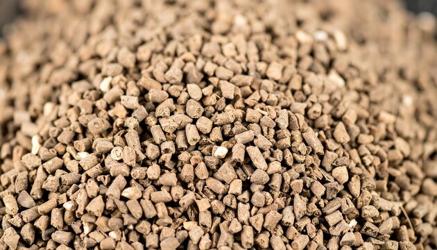 Close up of dry animal feed pellets in a pile.